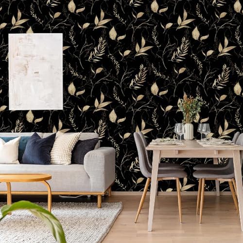 Dark Black and Gold Leaf Peel and Stick Wallpaper 17.7" x 354" - Image 2