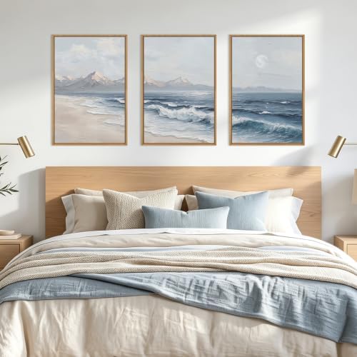 HLNIUC Blue Ocean Wave Framed Canvas Wall Art, Large Modern Sea Beach Wall Decor - Image 5