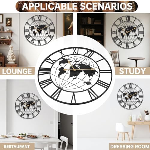 SIN&MI Large World Map Wall Clock, Metal Minimalist Modern Clock, Round - Image 5