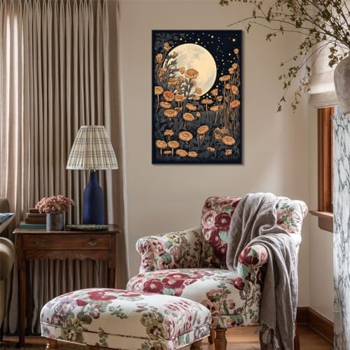 Vintage Moon Flowers Canvas Wall Art, Retro Mystical Celestial Moon Poster - Image 4