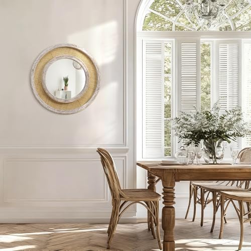 JJUUYOU Round Mirror Wood Framed Circle Rattan Hanging Mirrors - Image 5