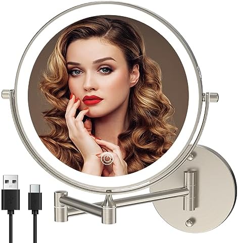 8" Wall Mounted Lighted Makeup Mirror, Brushed Nickel by MIROAMZ
