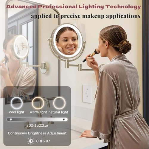 8" Rechargeable Brass Wall Mounted Magnifying Mirror - Image 3