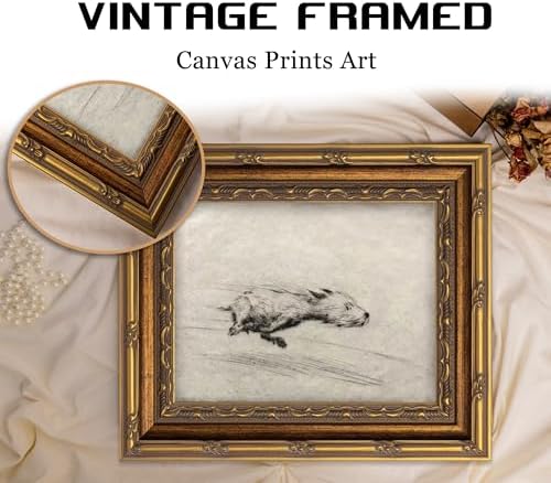 Vintage Gold Framed Dog Wall art, Funny Antique Terrier Portrait Sketch Canvas - Image 4