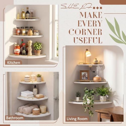 Novabright Corner Floating Shelf Set of 3 White & Gold Wood 9/10/12 in - Image 5