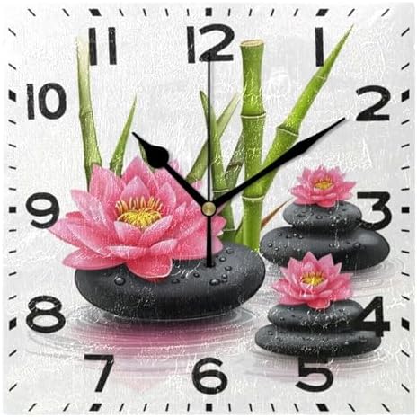 Moderate 8 Inch Square Wall Clock, Zen Bamboo Stones Pink Lotus Flower Non by Peystean