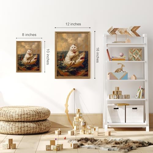 ICHZUMW Framed Funny White Cat Riding Shark Ocean Canvas Wall Art 8x10 In - Image 5