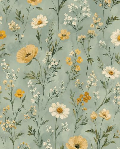 BOKEBEVE Green Floral Wallpaper Peel and Stick Boho Yellow 17.5 x 118In by BOKEBEVE