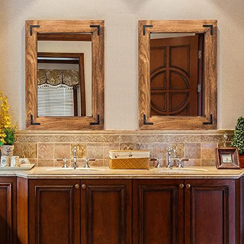 YOSHOOT Rustic Wooden Framed Wall Mirror, Natural Wood Bathroom Vanity Mirror - Image 6