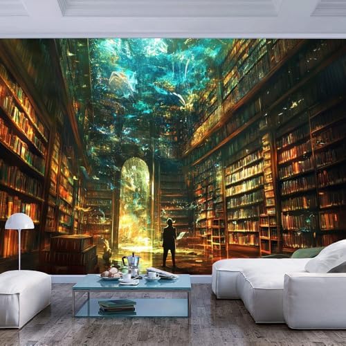 Teal Brown 3D Wall Mural Wallpaper Fantasy Library Books Person Sci Fi Style by Unknown