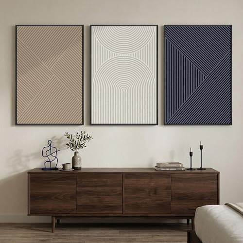 Large Framed Beige Blue Abstract Wall Art - Image 2