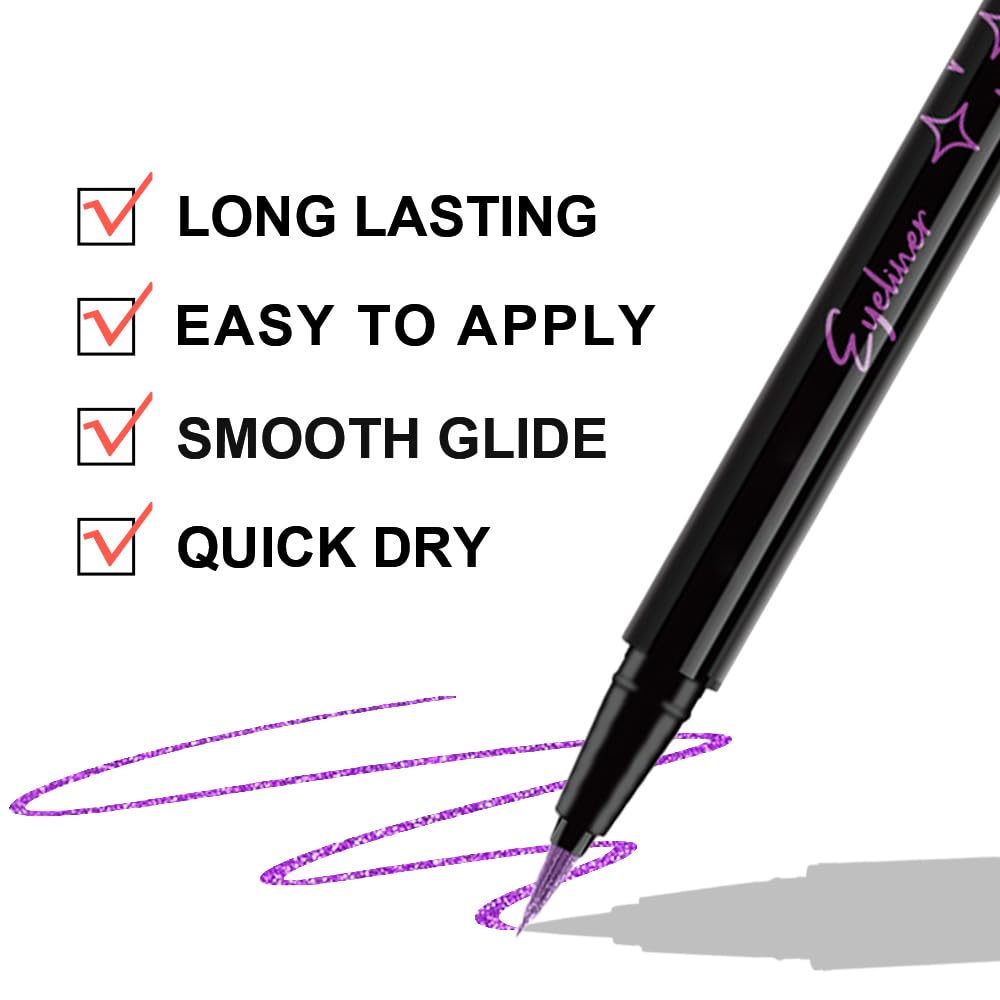 HHLOH 2PCS Metallic Glitter Coloured Liquid Eyeliner Pens Set01– Waterproof Mark Purple or Blue Long-Lasting Sparkly Eye Makeup – Tattoo-Effect Ink Liners for Women & Men,Delineador Líquido con Brillo