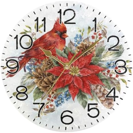 Christmas Poinsettia Flower and Winter Bird Red Cardinal Wall Clock Battery - Image 5