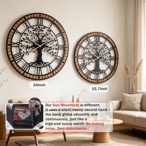 15 Inch Tree of Life Wall Clock, Silent Farmhouse Wood and Metal Decor - Image 4