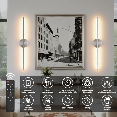 Battery Operated wall Sconce Set of 2, Brushed Nickel 27.5" LED USB - Image 2