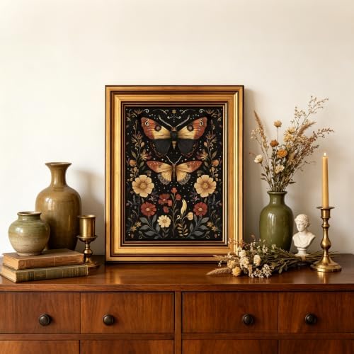 IMNTSD Framed Vintage Moth Floral Wall Art, Dark Background Botanical Butterfly - Image 6