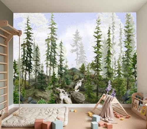 Watercolor Misty Pine Forest River Landscape Wallpaper Peel and Stick - Image 4