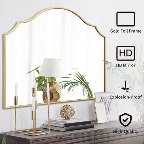 Besdomus Gold Scalloped Wall Mirror: 40"x29" Large Wooden Bathroom Mirror - Image 2