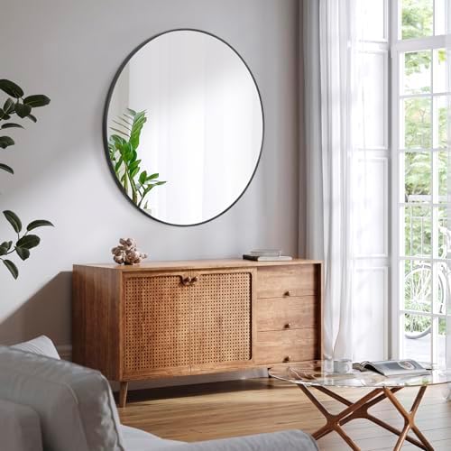 36 Inch Large Round Mirror, Metal Frame Wall Mirror Mounted Black Circle Mirrors - Image 4
