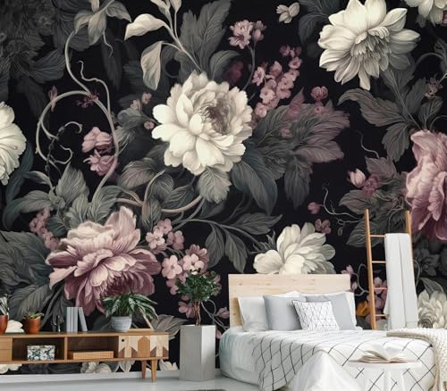 Elegant Dark Background Floral Peony Pattern Wallpaper - Image 3