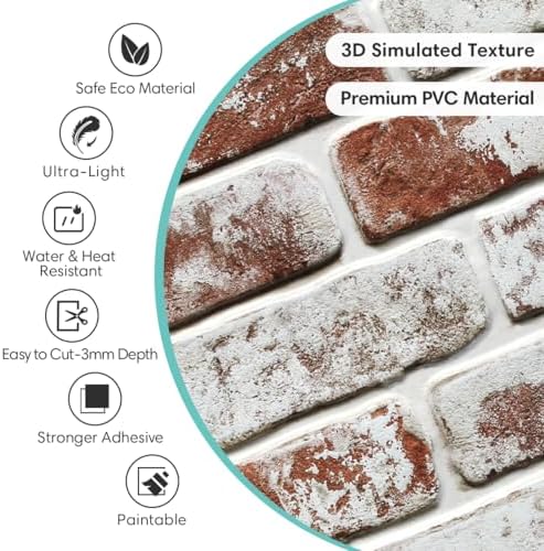 Commomy Faux Brick Panels Peel and Stick Wall Stickers 10 Pcs 11.8" x 11.8" - Image 3