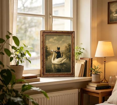Vintage Gold Framed Black Cat Wall Art, Dark Academia Swan Painting Canvas Print - Image 2