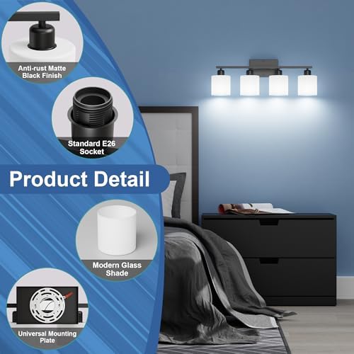 24 Inches Black Vanity Lights for Bathroom E26 Base White Lampshape - Image 4