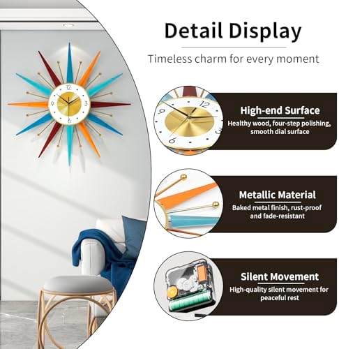 Large Starburst Wall Clock for Living Room Decor 24 Inch Metal Decorative Mid - Image 6