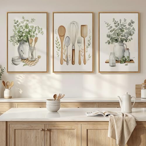 Framed Botanical Wall Art for Kitchen, 3 Piece Modern Farmhouse Sage Green by Cuspin