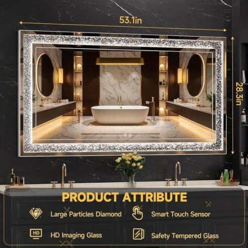 53" x 28" LED Diamond Wall Mirror, Dim & Anti-Fog - Image 3