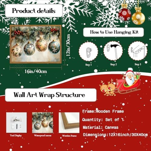 Framed Vintage Christmas Canvas Wall Art, Vintage Christmas Ornament Ball Wall - Image 5