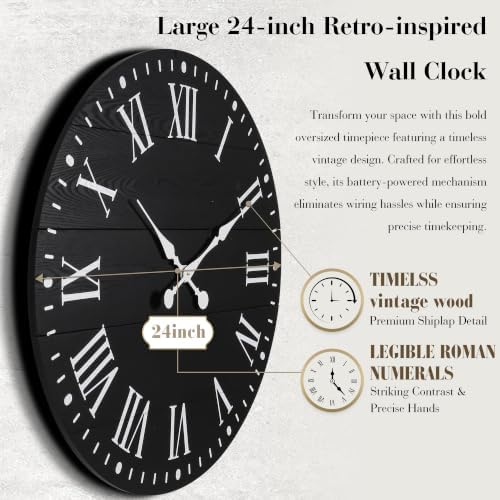Large Wall Clock with Roman Numeral, 24” Shiplap Farmhouse Clock - Image 2
