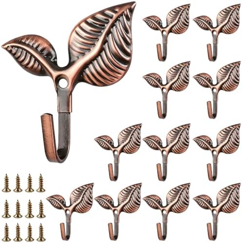 Set of 12 Vintage Leaf Wall Hooks, Rustic Copper Iron Heavy Duty Coat Hangers by Unknown