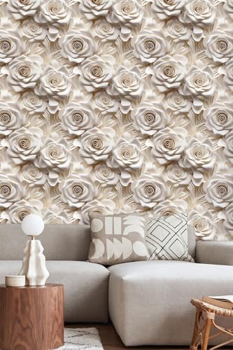 Peel and Stick Wallpaper Beige Rose Floral Modern Decor - Image 4