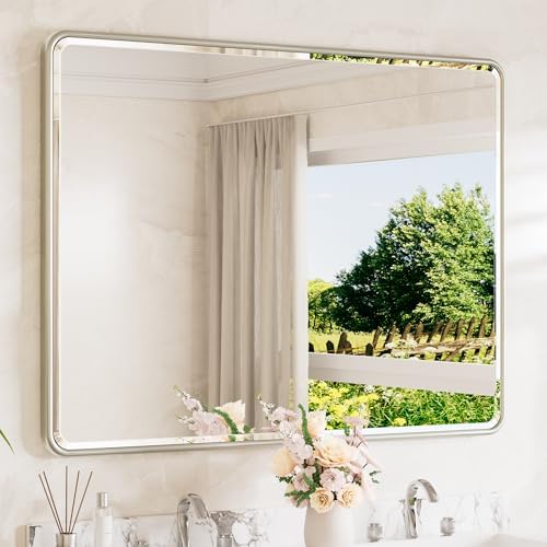 TETOTE Brushed Nickel Wall Mirror 48 x 36 Beveled Edge Tempered Glass, Rounded by TETOTE