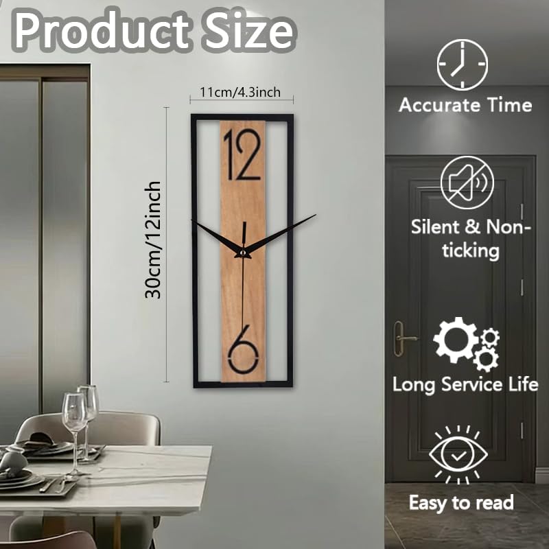 Modern Rectangular Wall Clock 12 Inch, Minimalist Wooden & Black Frame Silent - Image 4