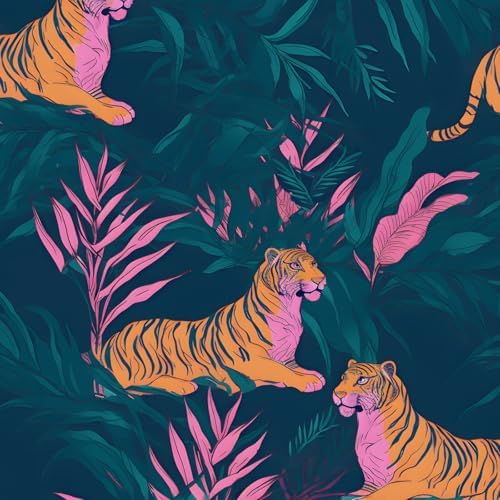 BOKEBEVE Tropical Tiger Wallpaper Peel and Stick Green Pink 17.5 x 118In by BOKEBEVE