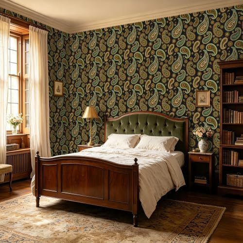 BOKEBEVE Black Floral Wallpaper Peel and Stick Vintage Green 17.5 x 118In - Image 2