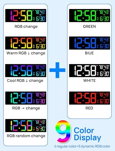 MASHI 15.7" Large Digital Wall Clock, 9 RGB Color Display - Image 3