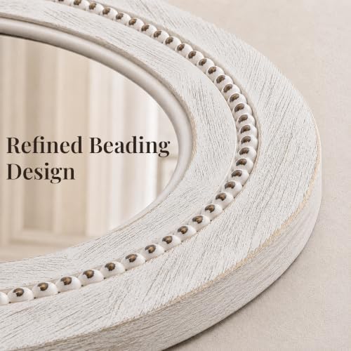 Solid Wood 36 Inch Round Beaded Wall Decor Mirror, Distressed White - Image 3