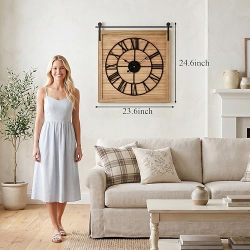 EMAX HOME 24 Inch Large Farmhouse Wall Clock, Unique Square Rustic Solid Wood - Image 3