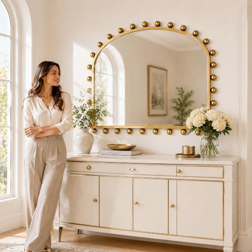 36"x28" Wide Arch Wall Mirror, Antique Gold Ball Frame - Image 4