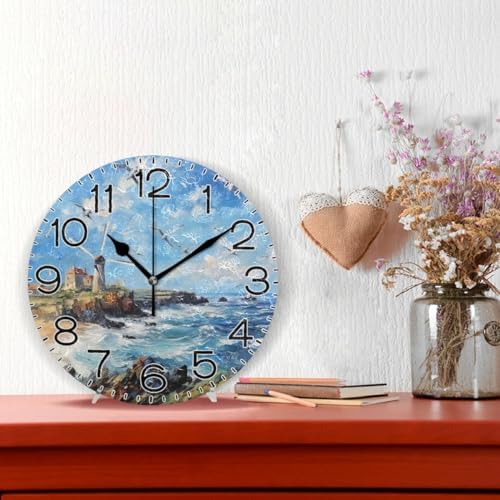 ALAZA Oil Painting Sea Gull Lighthouse Seaside Landscape Wall Clock Battery - Image 2