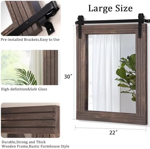 AAZZKANG Rustic Large Wood Mirror Barn Door Wall Mirror 30"x22"with Frame - Image 2
