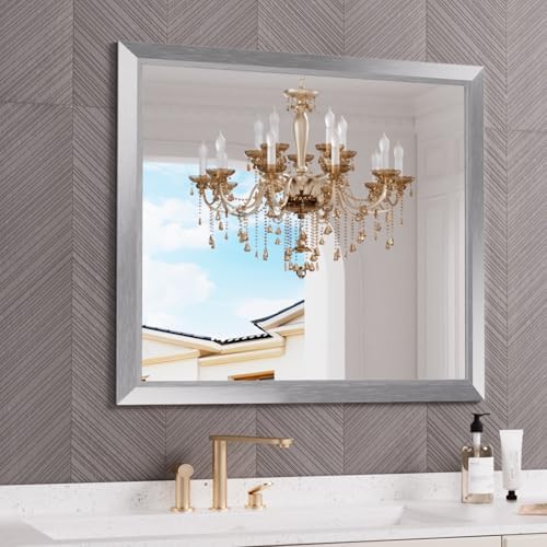 Amorho Bathroom Mirror for Wall 40x36 Inch, Brushed Silver Metal Framed by Amorho