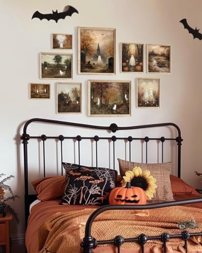 Vodefoad Vintage Halloween Ghost Wall Art Prints of 9, Retro Autumn Cute Ghost - Image 3
