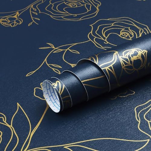 Safiyya 590"x17.3" Peel and Stick Wallpaper Gold and Blue Contact Paper Floral by SAFIYYA