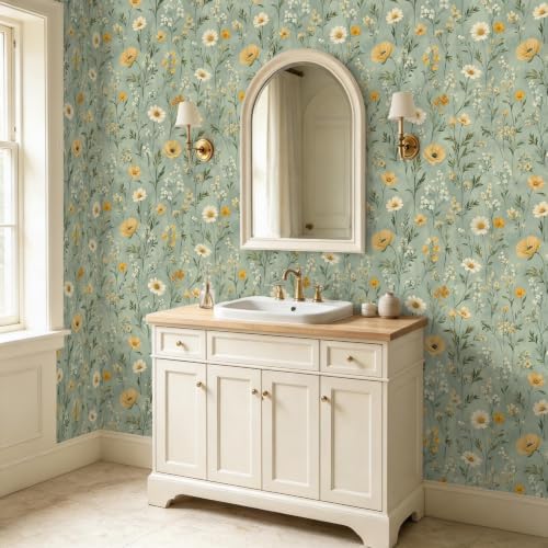 BOKEBEVE Green Floral Wallpaper Peel and Stick Boho Yellow 17.5 x 118In - Image 3