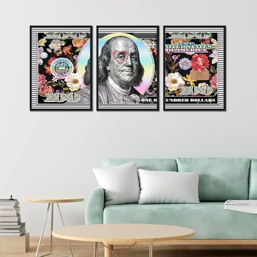 Black Framed Wall Art Canvas Money 100 Dollar Flowers Painting 3 Panels - Image 3
