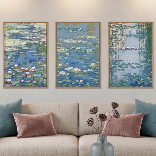Large Claude Monet Style Framed Canvas Wall Art, Nature Lilies Ponds Wall Decor by Unknown